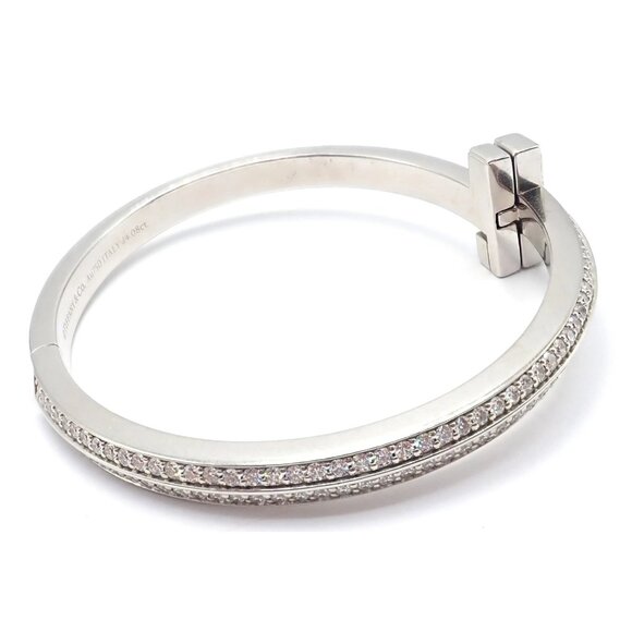 Authentic! Tiffany & Co 18k White Gold Diamond T1 Wide Hinged Bangle Bracelet - Picture 5 of 13